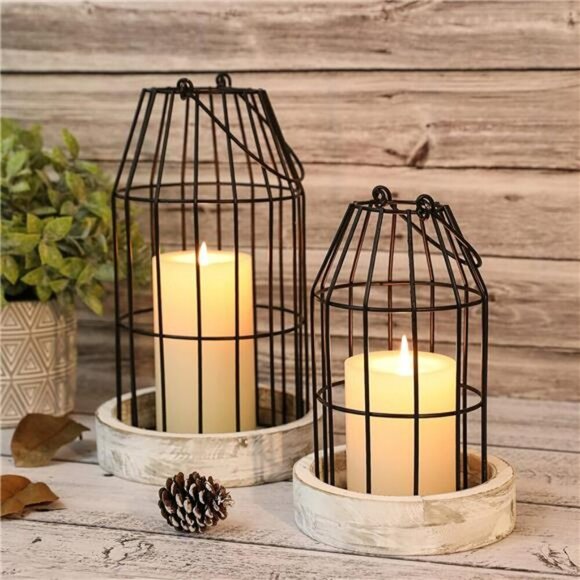 Rustic Wire Metal Cloche Set Decorative Candle Lantern Farmhouse Indoor Outdoor - Picture 3 of 8